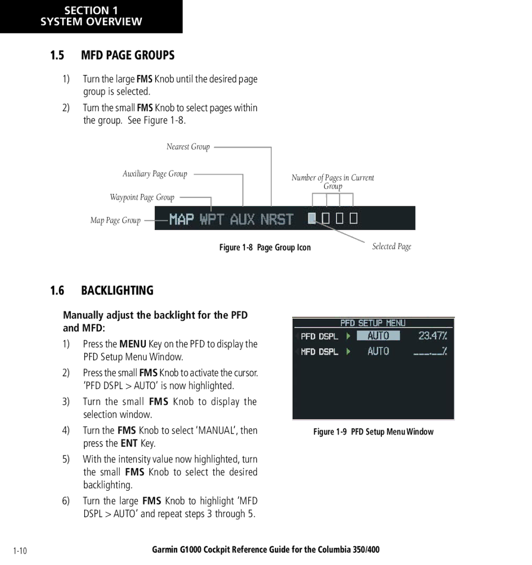 Garmin Columbia 350/400 manual MFD page Groups, Backlighting, Manually adjust the backlight for the PFD and MFD 