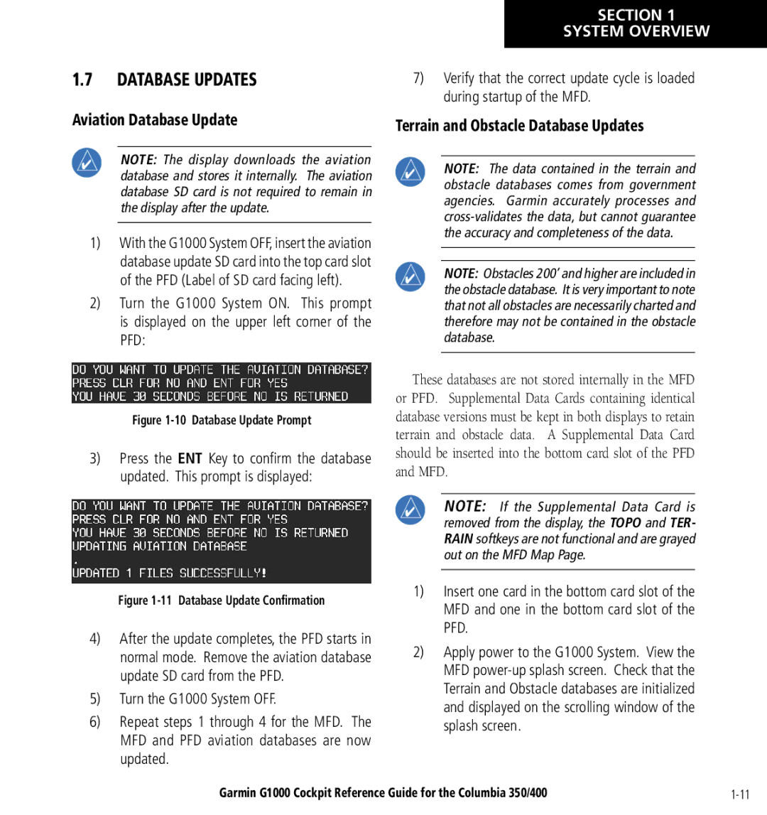 Garmin Columbia 350/400 manual Aviation Database Update, Terrain and Obstacle Database Updates 