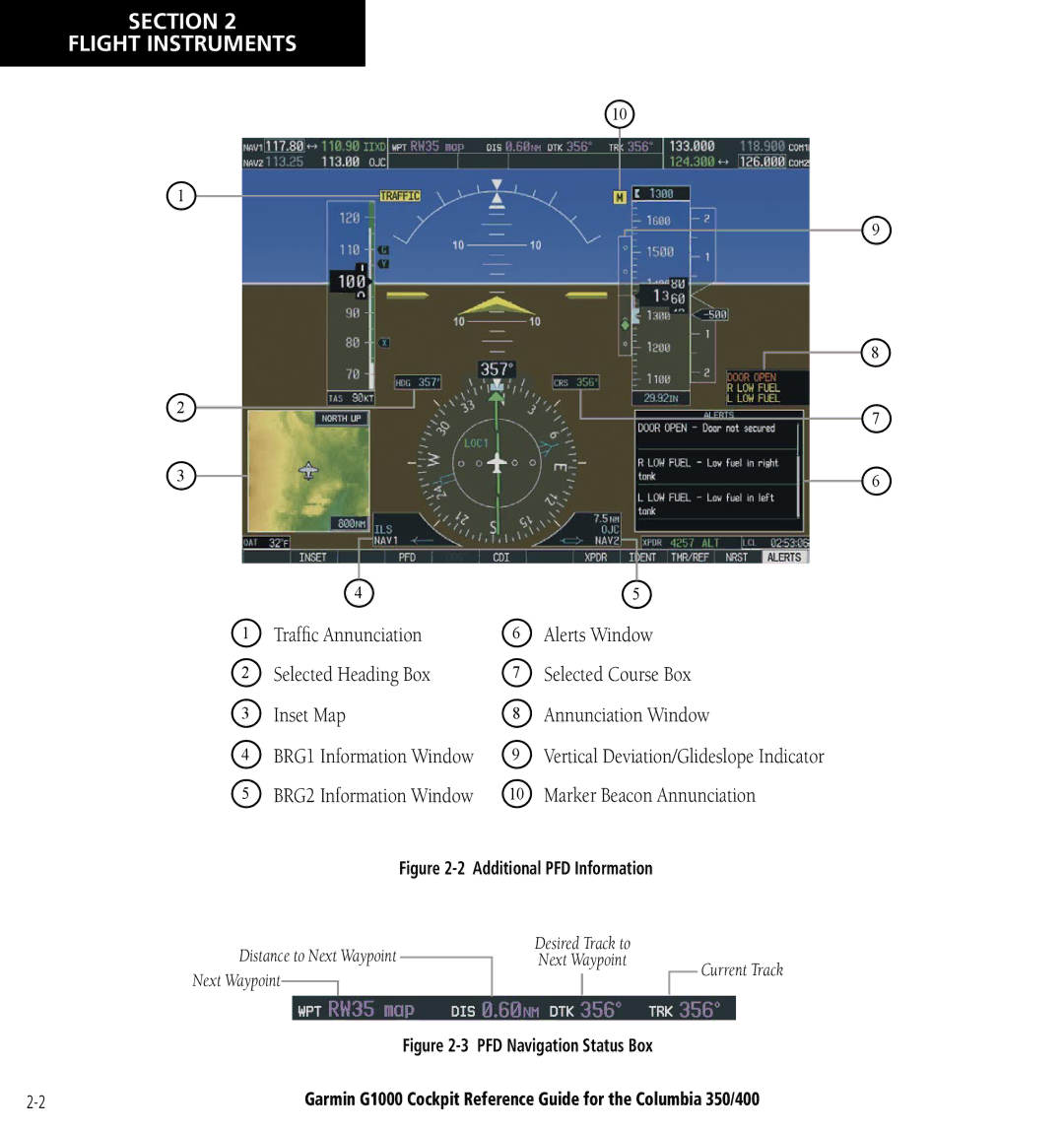 Garmin Columbia 350/400 manual Trafﬁc Annunciation Selected Heading Box Inset Map, Marker Beacon Annunciation 