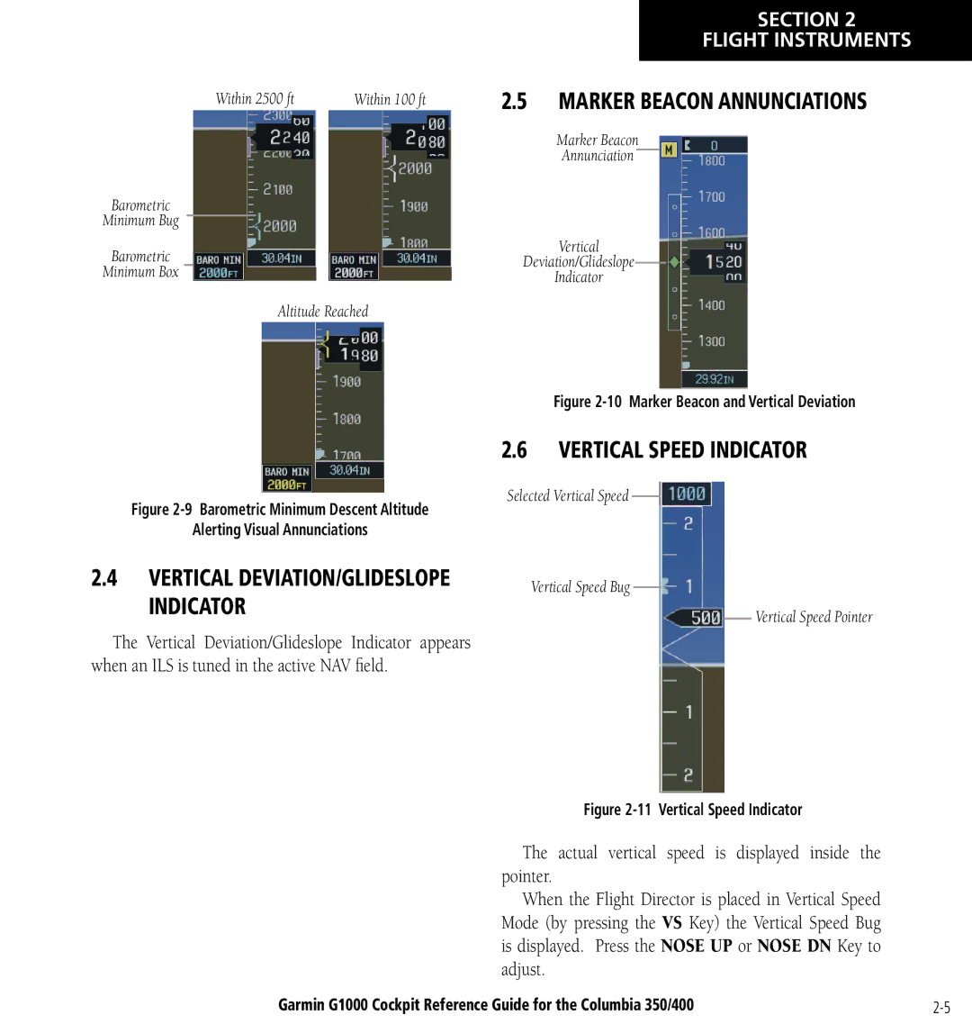 Garmin Columbia 350/400 manual Marker Beacon Annunciations, Vertical Speed Indicator 