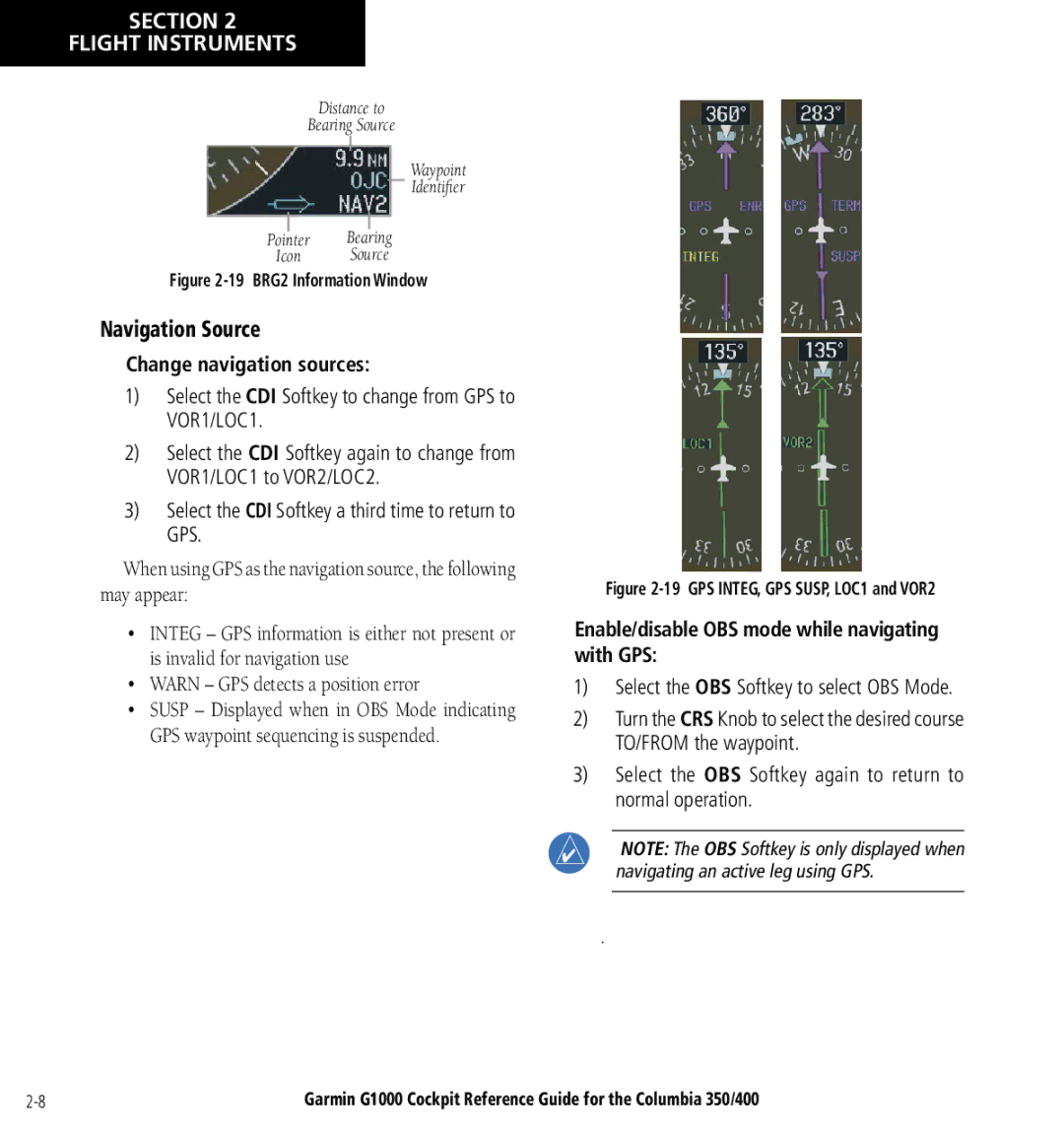 Garmin Columbia 350/400 Navigation Source, Change navigation sources, Enable/disable OBS mode while navigating with GPS 