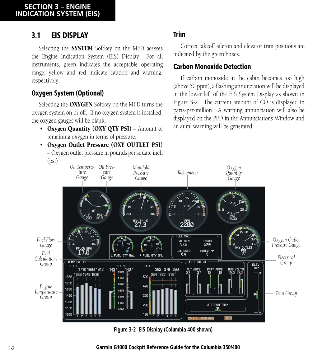 Garmin Columbia 350/400 manual EIS Display, Oxygen System Optional, Trim, Carbon Monoxide Detection, Psi 