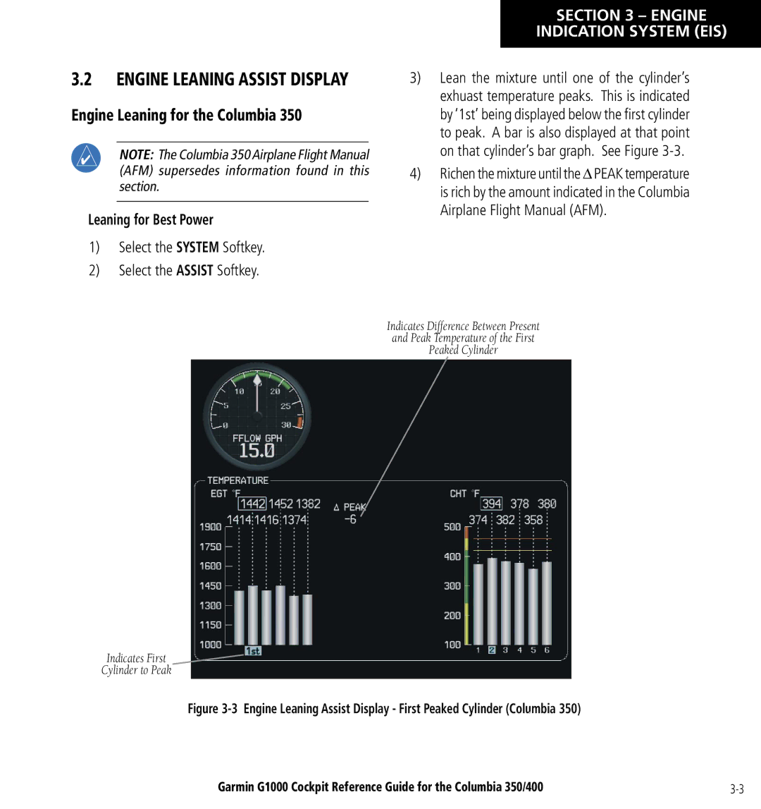 Garmin Columbia 350/400 manual Engine Leaning for the Columbia, Leaning for Best Power 