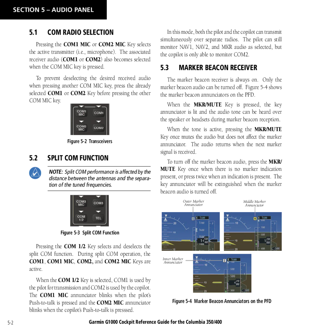Garmin Columbia 350/400 manual COM Radio Selection, Split COM Function, Marker Beacon Receiver 