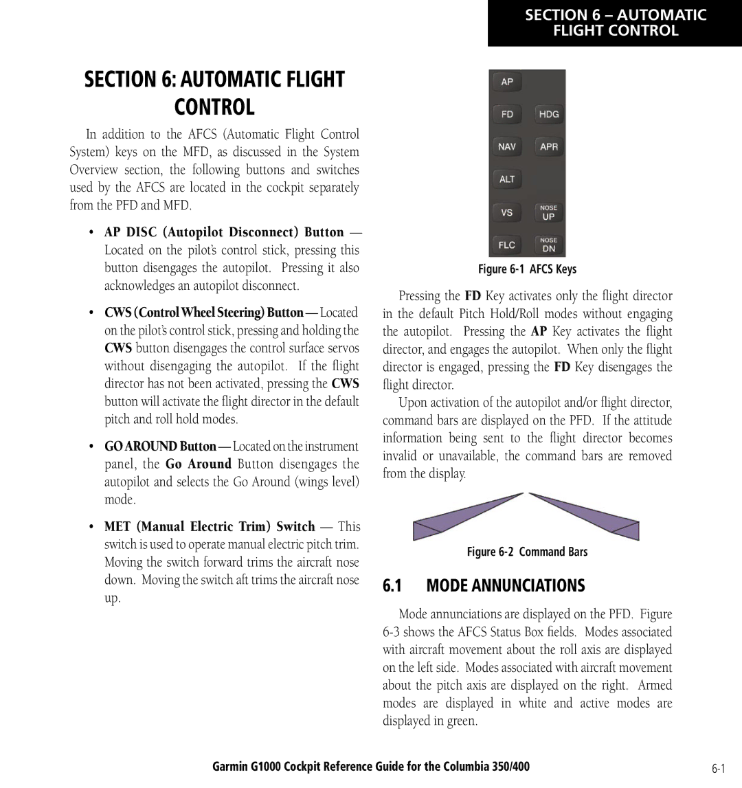 Garmin Columbia 350/400 manual Mode Annunciations, Automatic Flight Control 