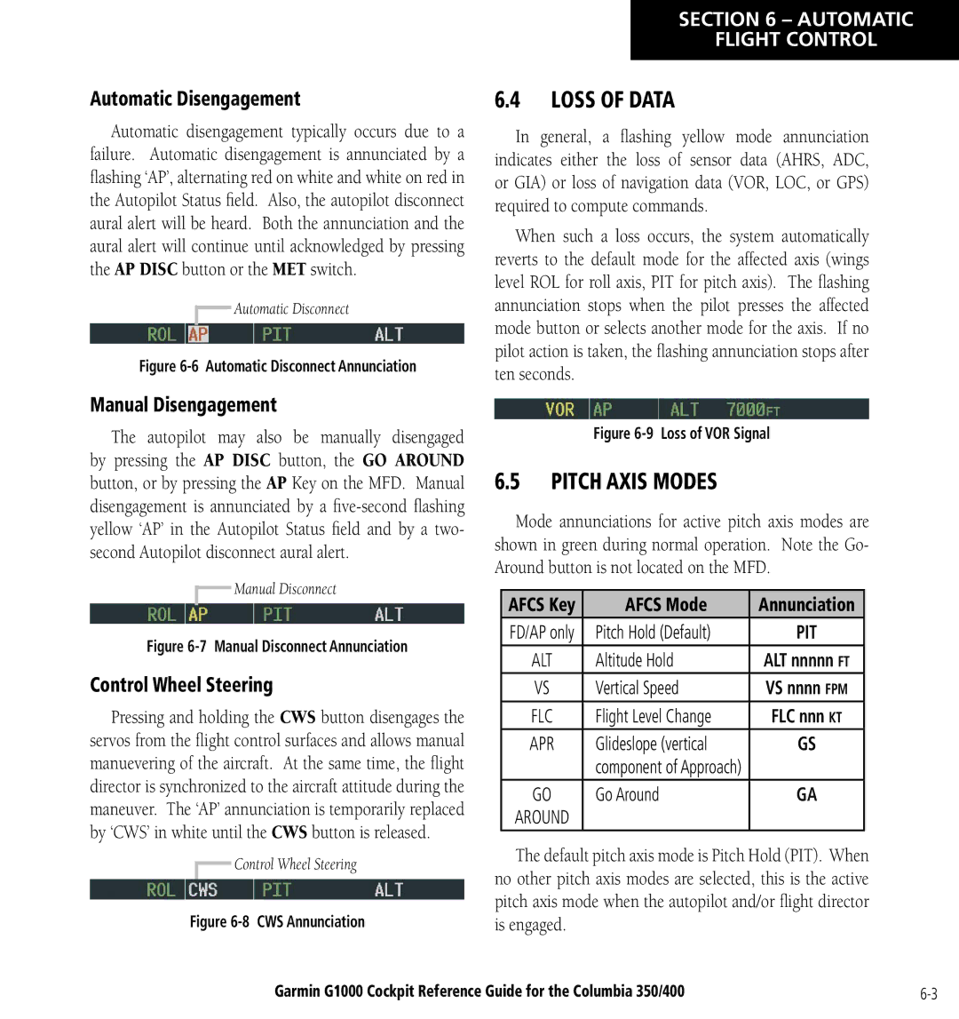 Garmin Columbia 350/400 manual Loss of Data, Pitch Axis Modes, Automatic Disengagement, Manual Disengagement 