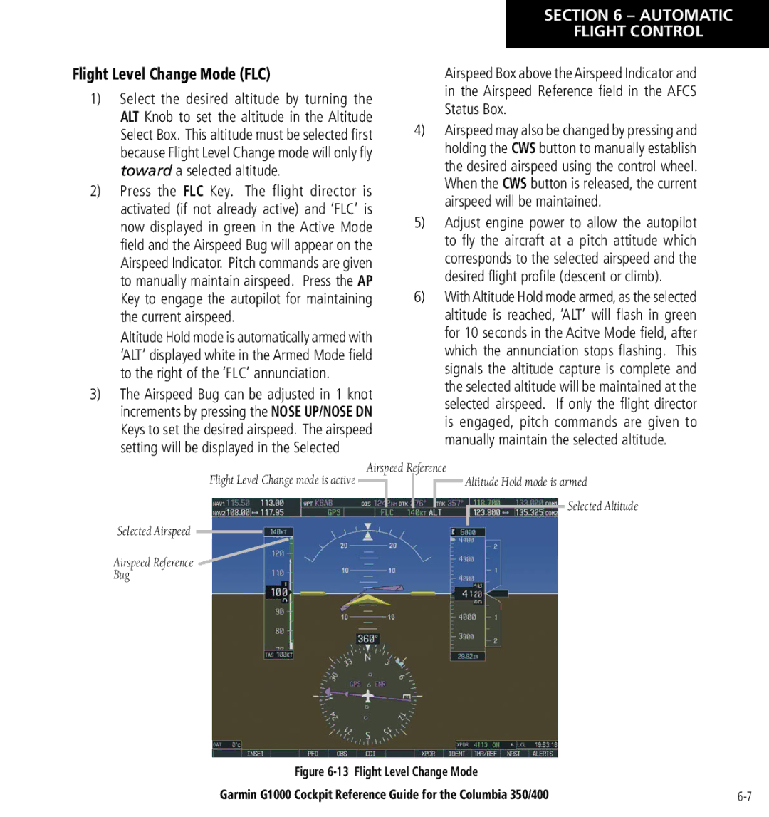 Garmin Columbia 350/400 manual Flight Level Change Mode FLC 