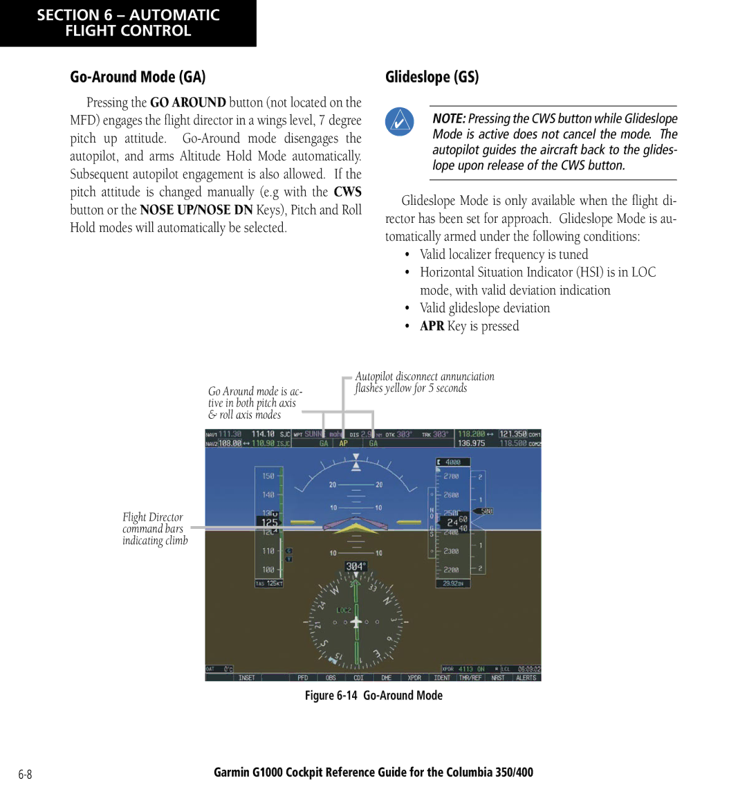 Garmin Columbia 350/400 manual Go-Around Mode GA, Glideslope GS, Valid localizer frequency is tuned 