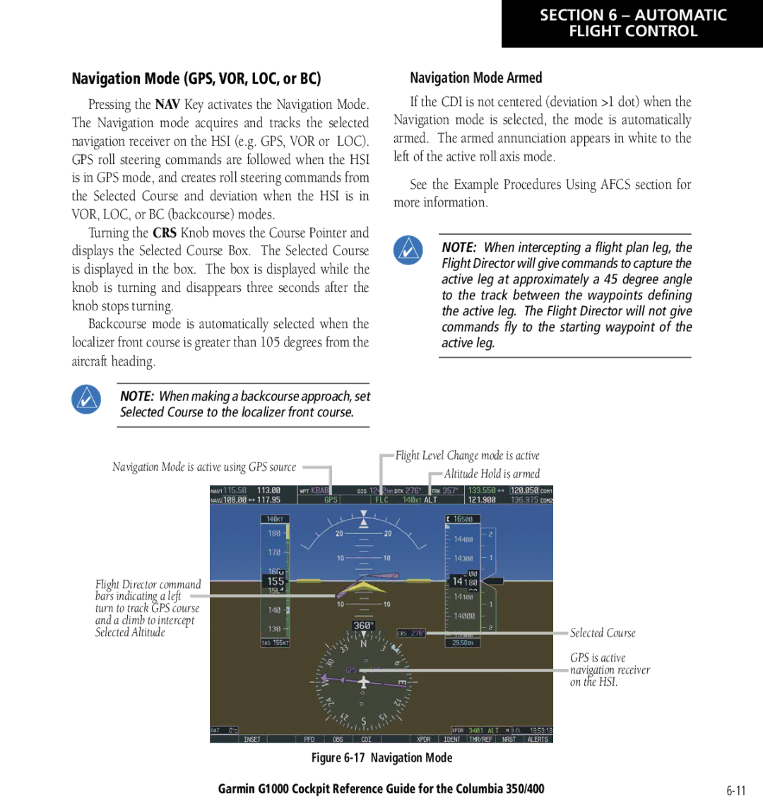 Garmin Columbia 350/400 manual Navigation Mode GPS, VOR, LOC, or BC, Navigation Mode Armed 