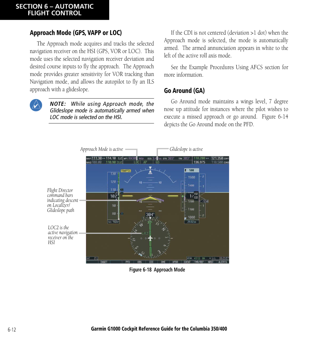 Garmin Columbia 350/400 manual Approach Mode GPS, Vapp or LOC, Go Around GA 