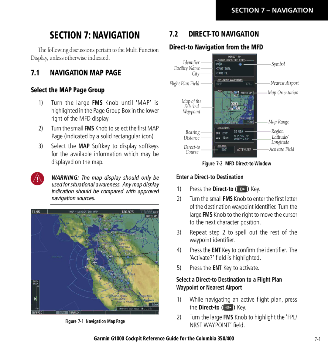 Garmin Columbia 350/400 Navigation MAP, DIRECT-TO Navigation, Select the MAP Page Group, Direct-to Navigation from the MFD 