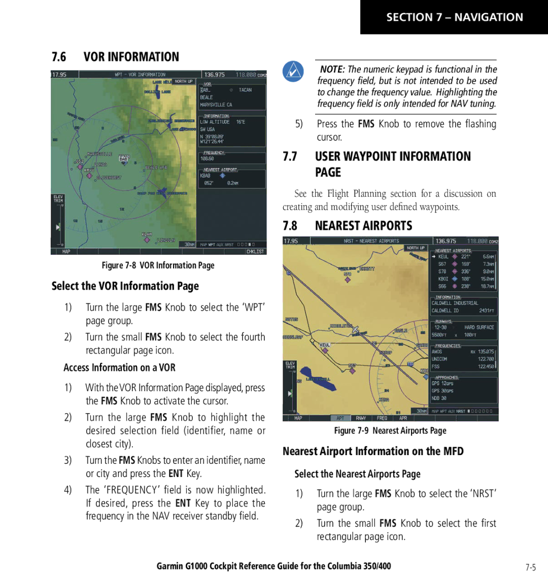 Garmin Columbia 350/400 manual User Waypoint Information, Nearest Airports, Select the VOR Information 