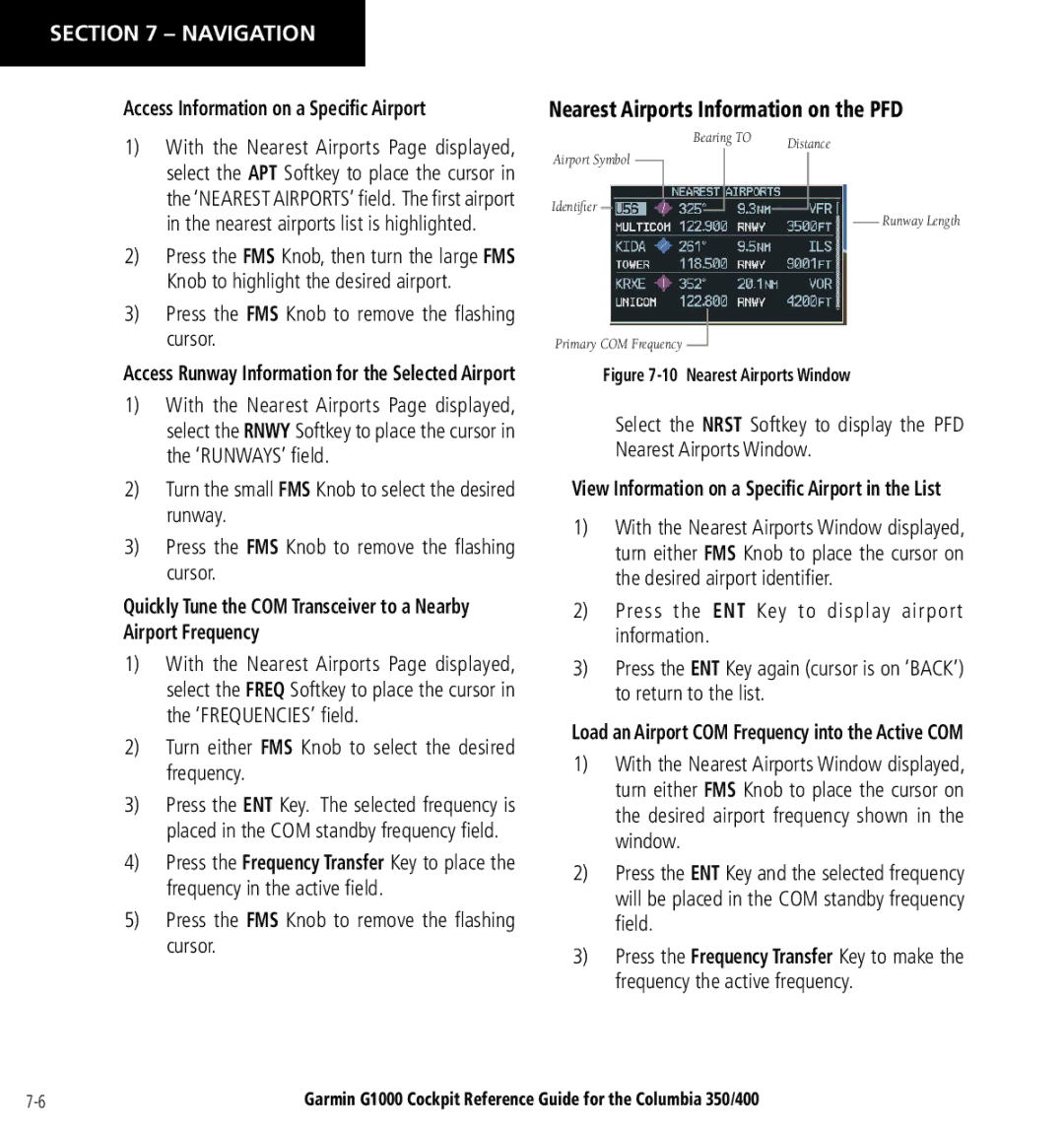 Garmin Columbia 350/400 manual Nearest Airports Information on the PFD, Access Information on a Speciﬁc Airport 