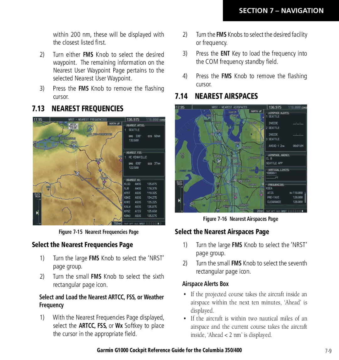 Garmin Columbia 350/400 manual Select the Nearest Frequencies, Select the Nearest Airspaces, Airspace Alerts Box 