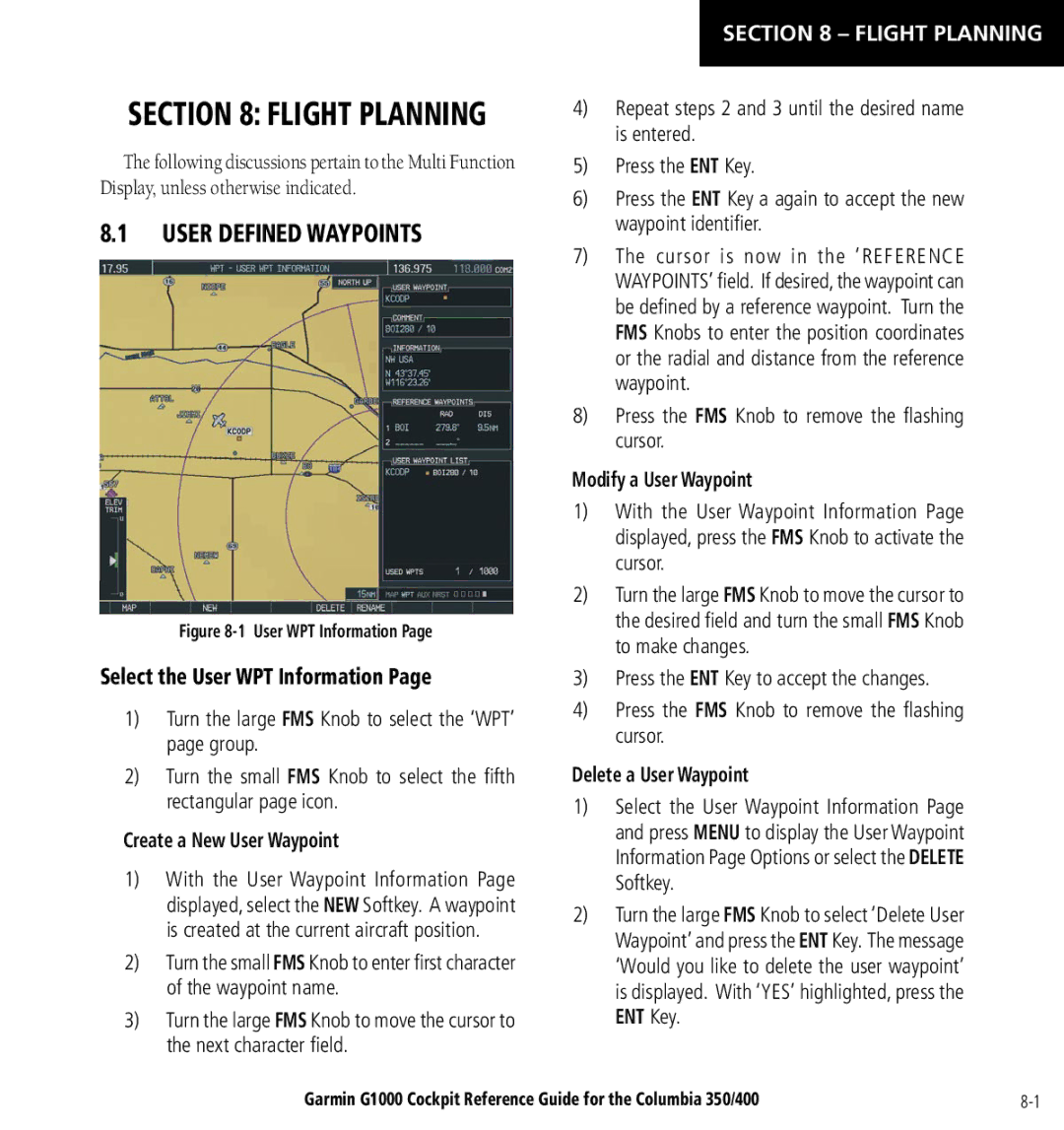 Garmin Columbia 350/400 manual User Defined Waypoints, Select the User WPT Information, Flight Planning 