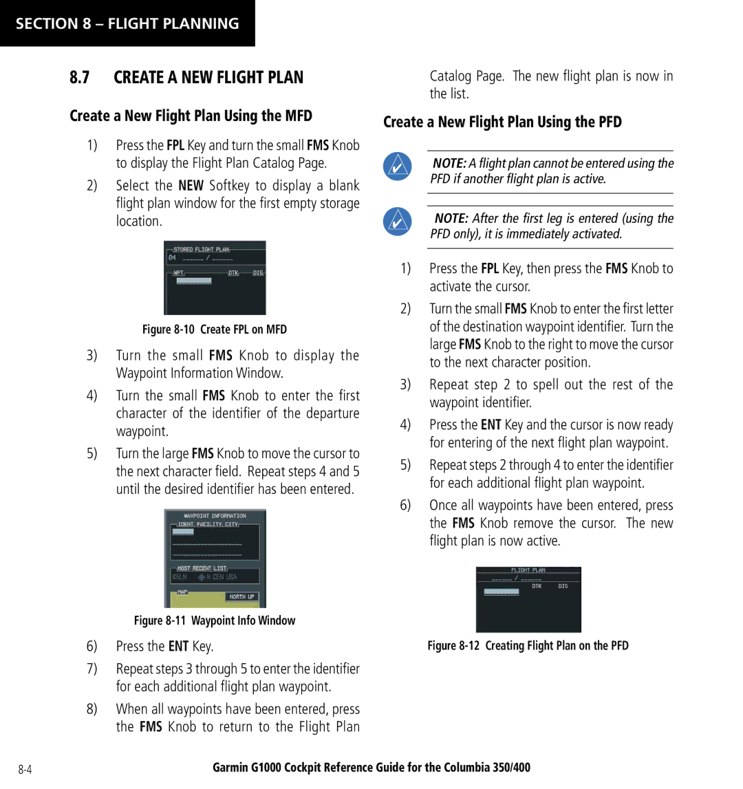 Garmin Columbia 350/400 manual Create a NEW Flight Plan, Create a New Flight Plan Using the MFD 