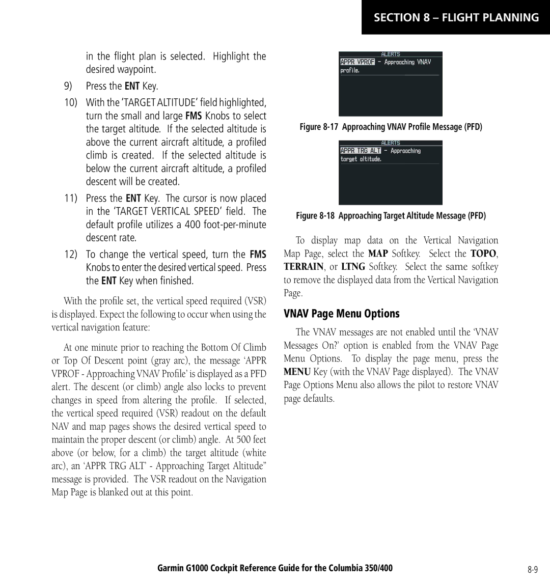 Garmin Columbia 350/400 manual Vnav Page Menu Options, Approaching Vnav Proﬁle Message PFD 