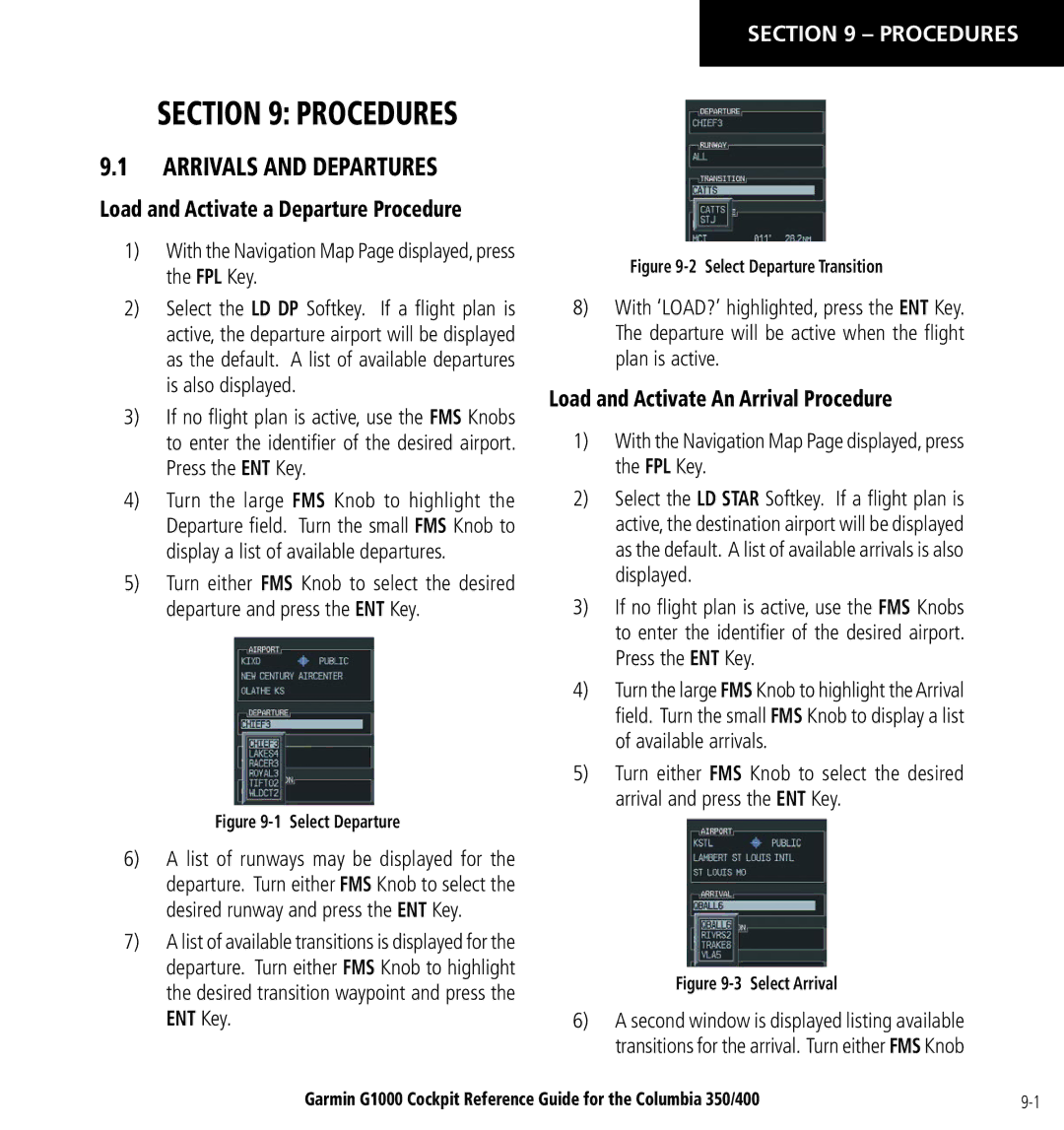 Garmin Columbia 350/400 manual Arrivals and Departures, Load and Activate An Arrival Procedure, Procedures 