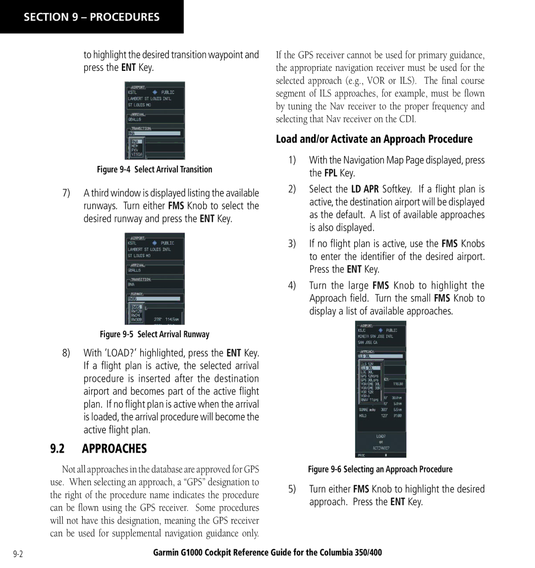 Garmin Columbia 350/400 manual Approaches, Load and/or Activate an Approach Procedure 