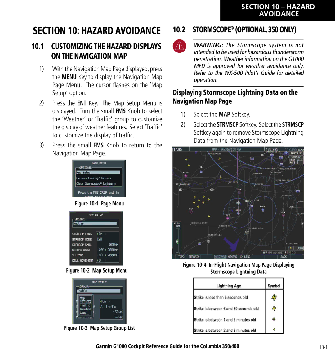 Garmin Columbia 350/400 manual Displaying Stormscope Lightning Data on the Navigation Map, Hazard Avoidance 