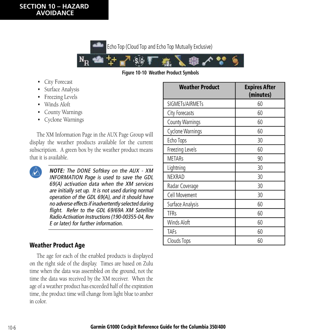 Garmin Columbia 350/400 manual Weather Product Age, Echo Top Cloud Top and Echo Top Mutually Exclusive 