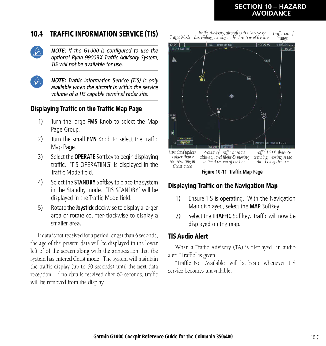 Garmin Columbia 350/400 manual Displaying Trafﬁc on the Navigation Map, TIS Audio Alert 