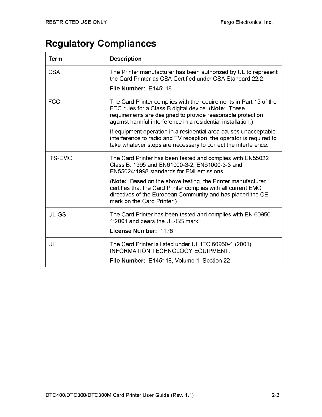 Garmin DTC300 manual Regulatory Compliances, Term Description, File Number E145118, License Number 