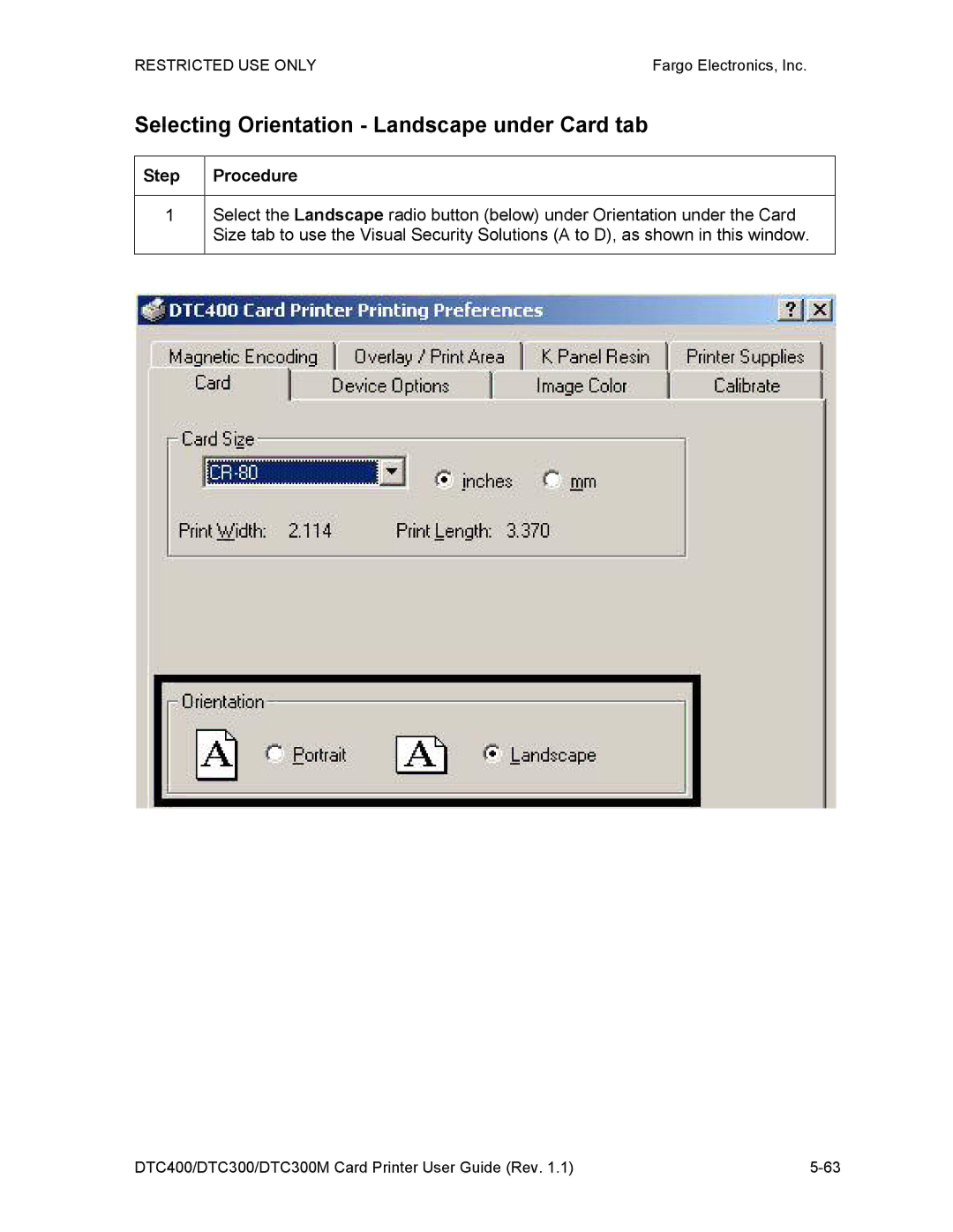 Garmin DTC300 manual Selecting Orientation Landscape under Card tab, Step 