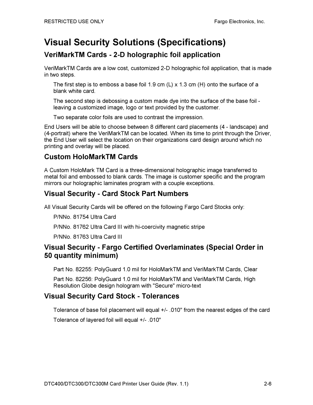 Garmin DTC300 manual Visual Security Solutions Specifications, VeriMarkTM Cards 2-D holographic foil application 