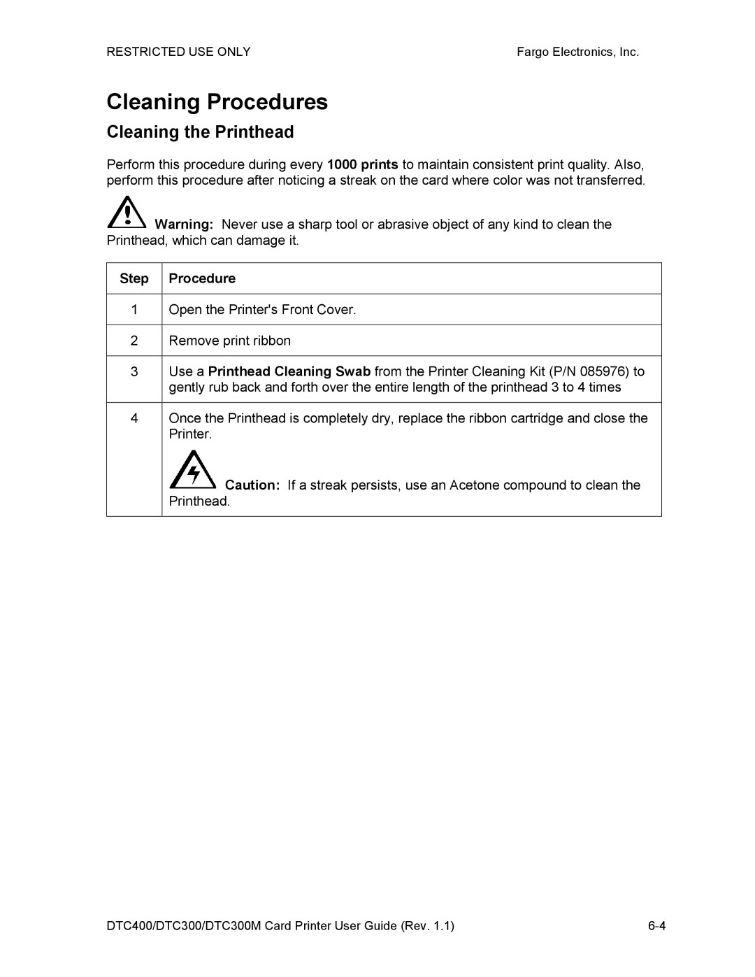 Garmin DTC300 manual Cleaning Procedures, Cleaning the Printhead 