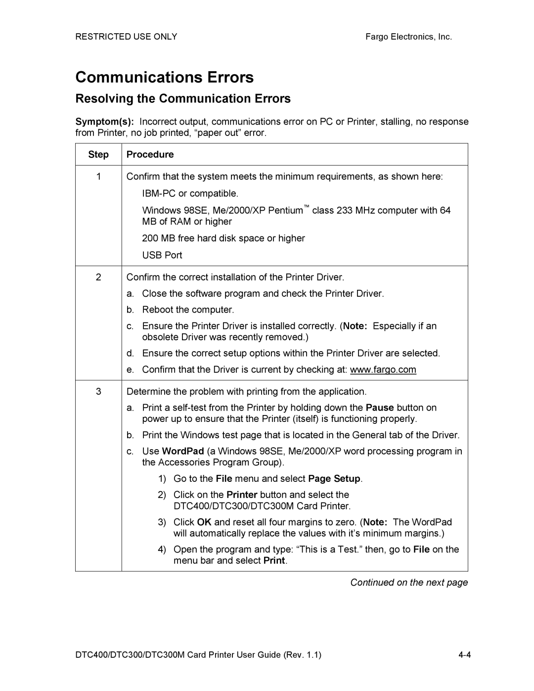 Garmin DTC300 manual Communications Errors, Resolving the Communication Errors 