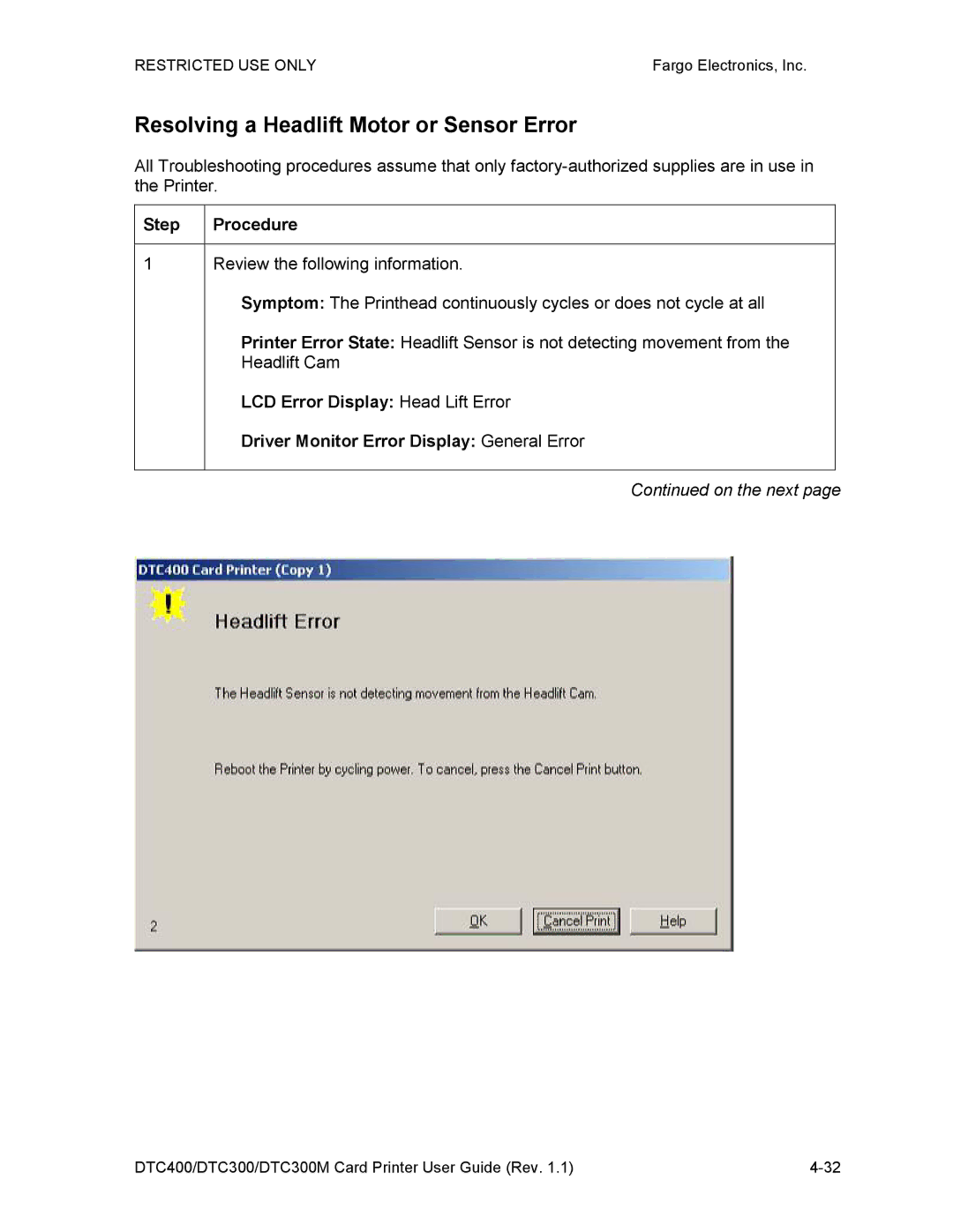 Garmin DTC300 manual Resolving a Headlift Motor or Sensor Error 