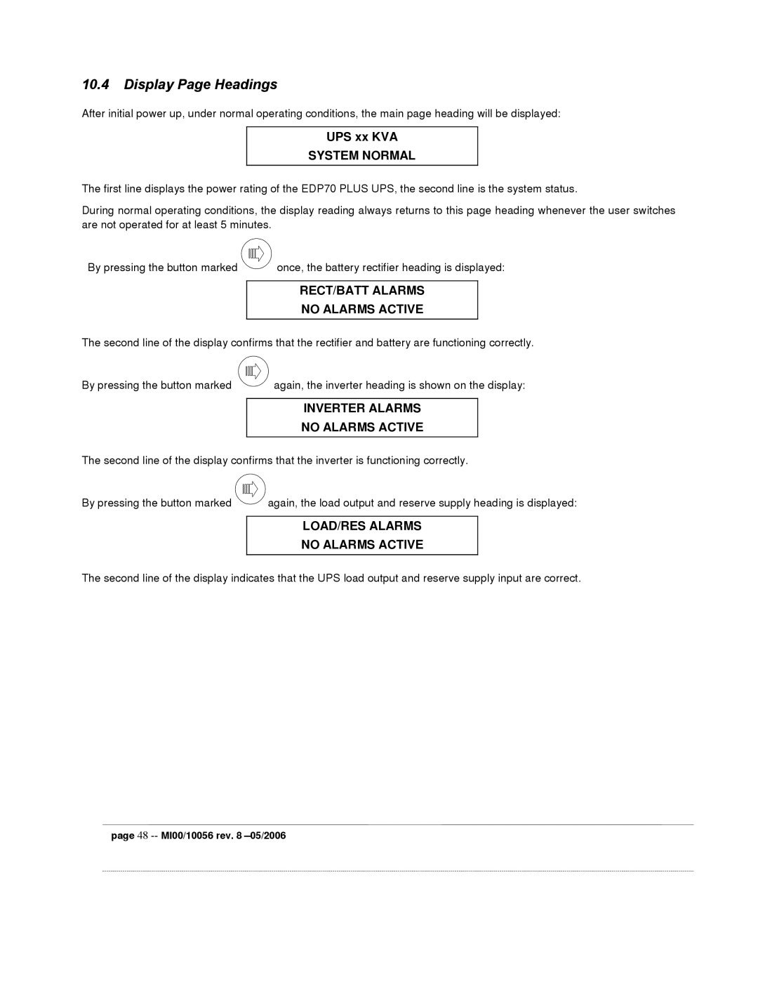 Garmin EDP70 Display Page Headings, System Normal, RECT/BATT Alarms No Alarms Active, Inverter Alarms No Alarms Active 