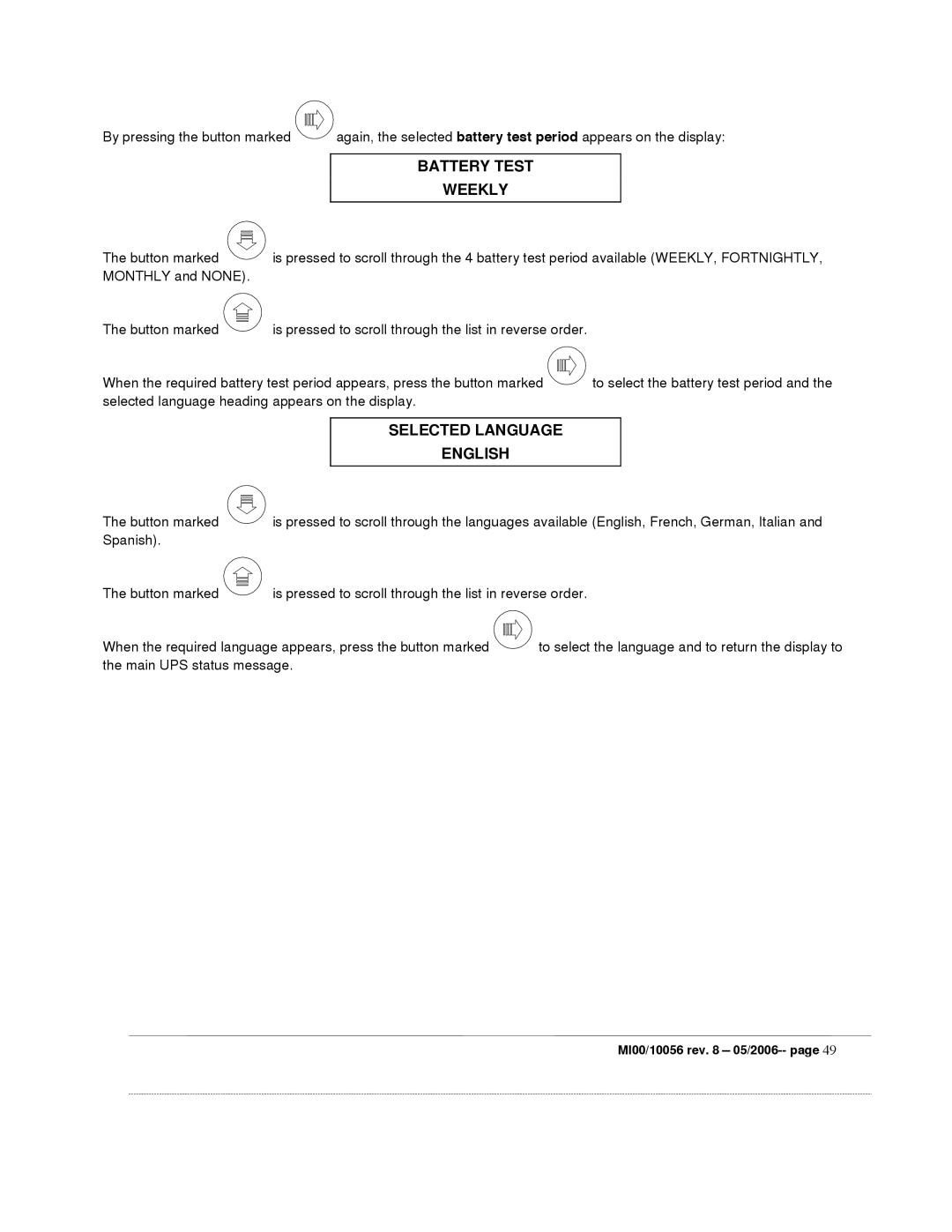 Garmin EDP70 manual Battery Test Weekly, Selected Language English 