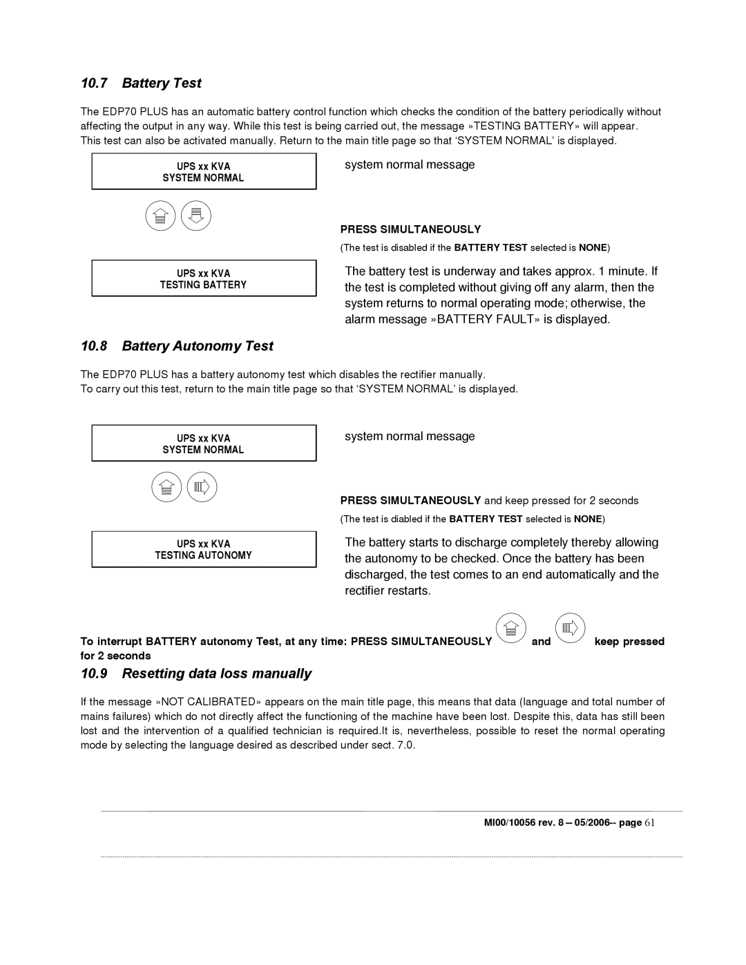 Garmin EDP70 Battery Test, Battery Autonomy Test, Resetting data loss manually, System normal message 