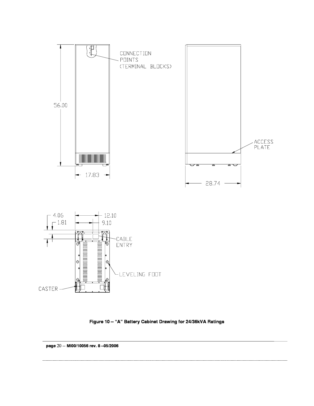 Garmin EDP70 manual “A” Battery Cabinet Drawing for 24/36kVA Ratings, page 20 -- MI00/10056 rev. 8 -05/2006 