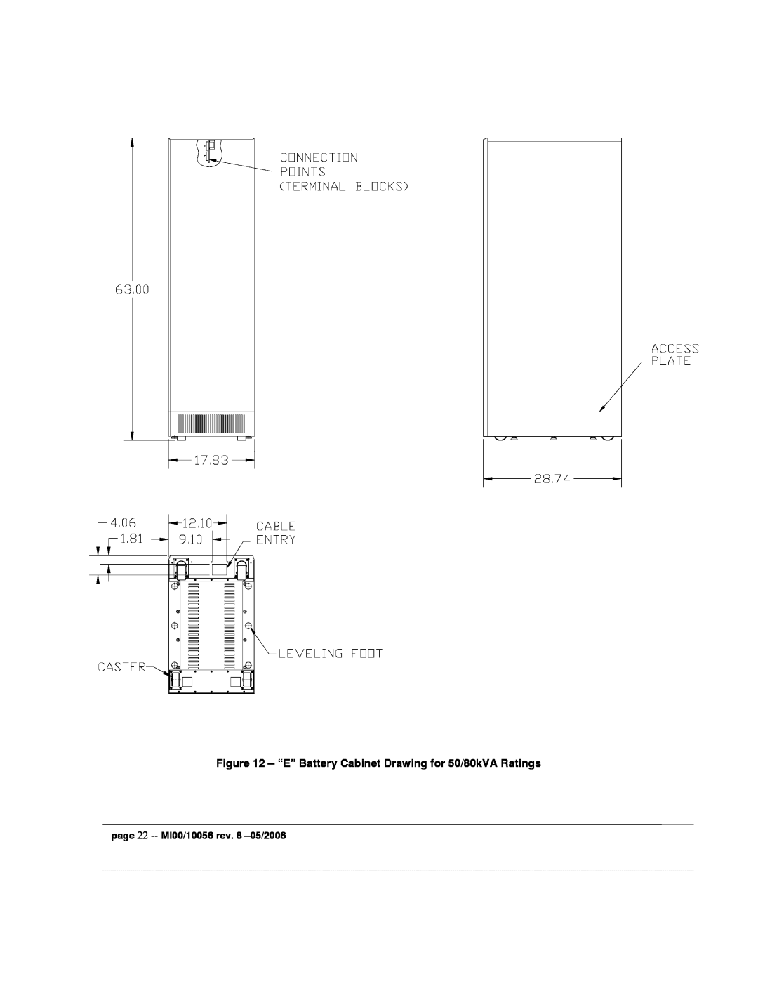 Garmin EDP70 manual “E” Battery Cabinet Drawing for 50/80kVA Ratings, page 22 -- MI00/10056 rev. 8 -05/2006 