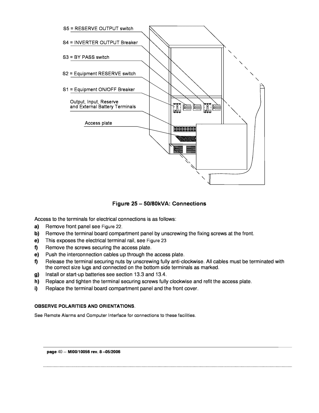 Garmin EDP70 manual 50/80kVA Connections, page 40 -- MI00/10056 rev. 8 -05/2006 