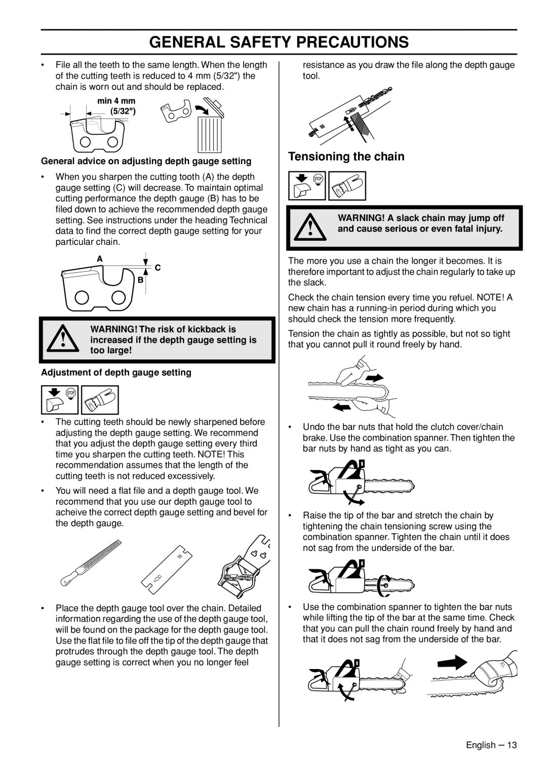 Garmin 353, EVA-2082S/1220 manual Tensioning the chain 