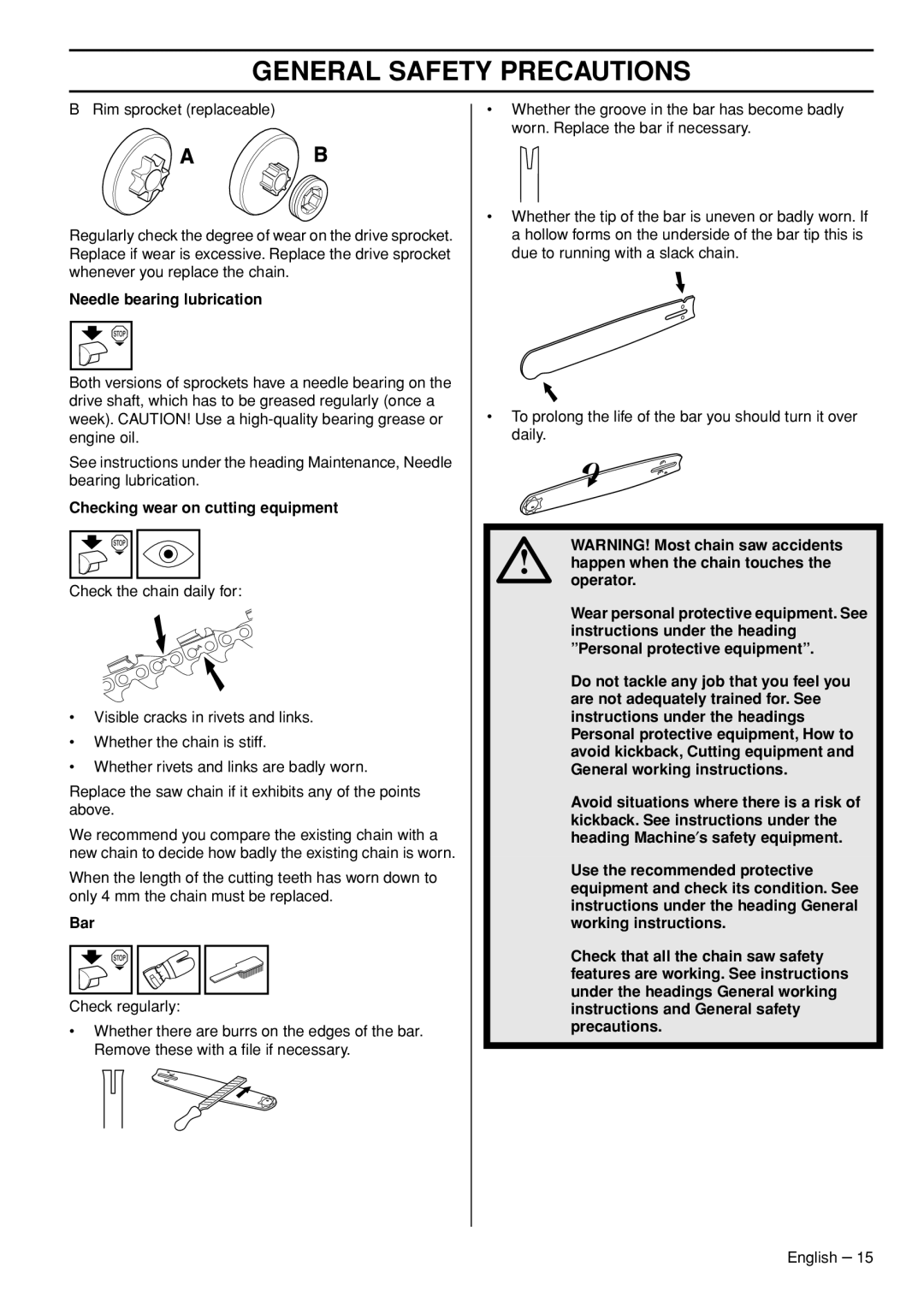 Garmin 353, EVA-2082S/1220 manual Needle bearing lubrication, Checking wear on cutting equipment 