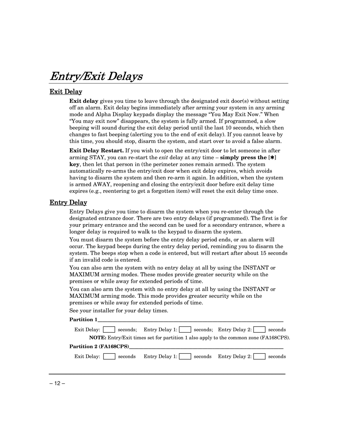 Garmin FA168CPS manual Entry/Exit Delays, Entry Delay 