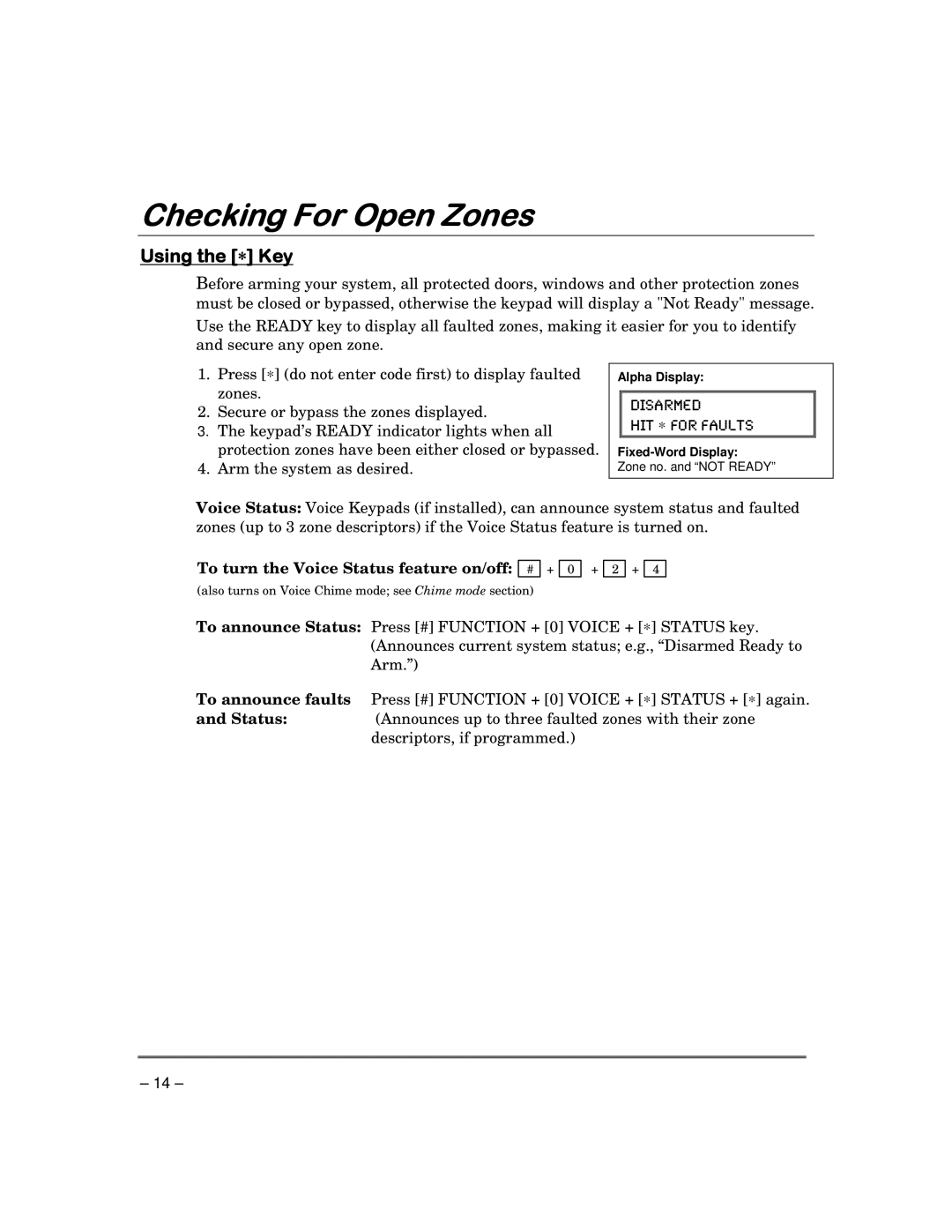 Garmin FA168CPS manual Checking For Open Zones, Using the ∗ Key, To turn the Voice Status feature on/off # 