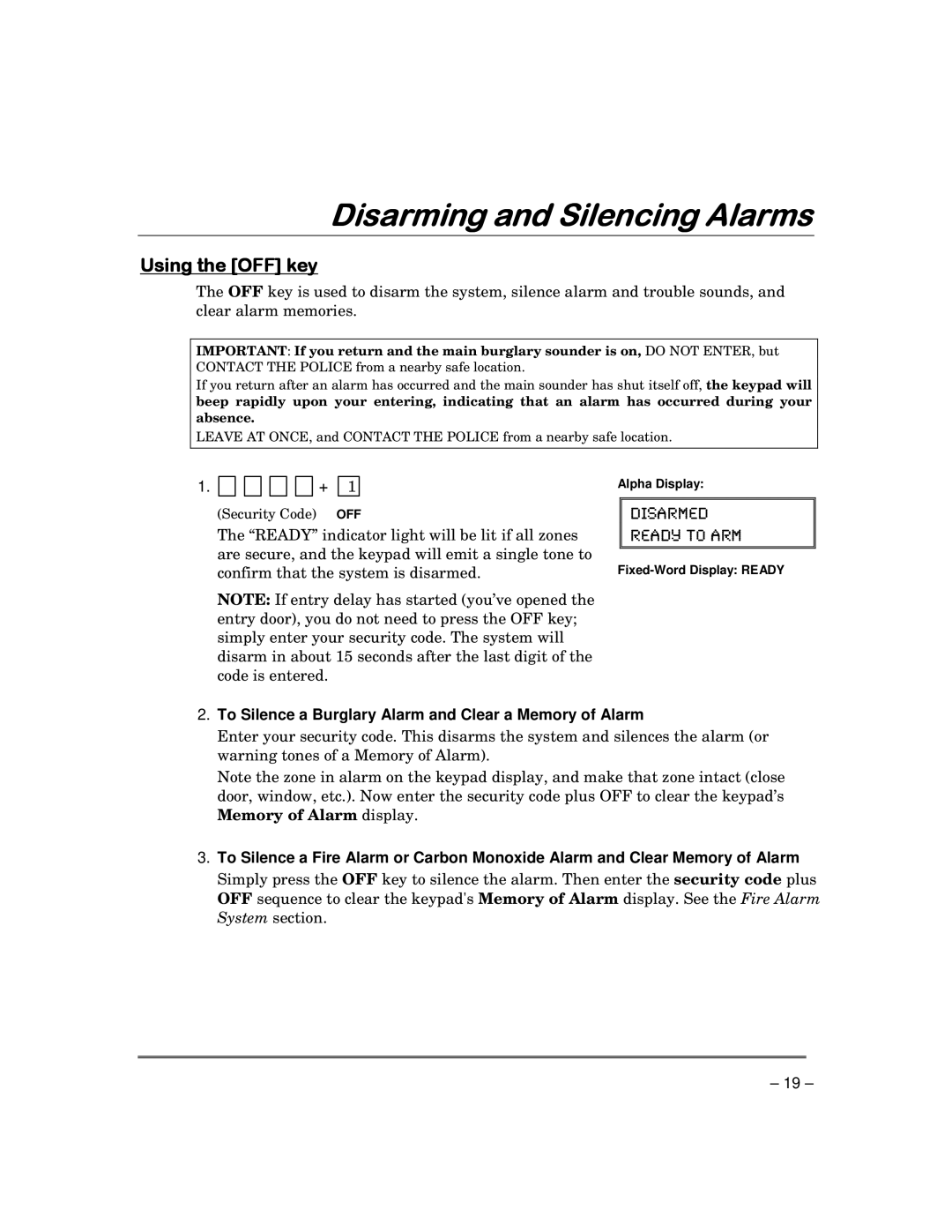 Garmin FA168CPS manual Disarming and Silencing Alarms, Using the OFF key 