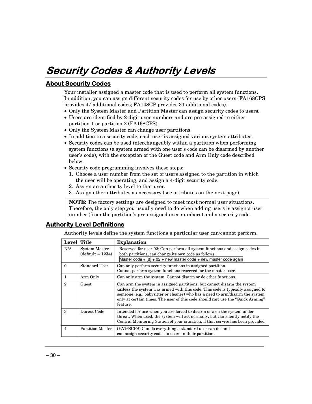 Garmin FA168CPS manual Security Codes & Authority Levels, About Security Codes, Authority Level Definitions 