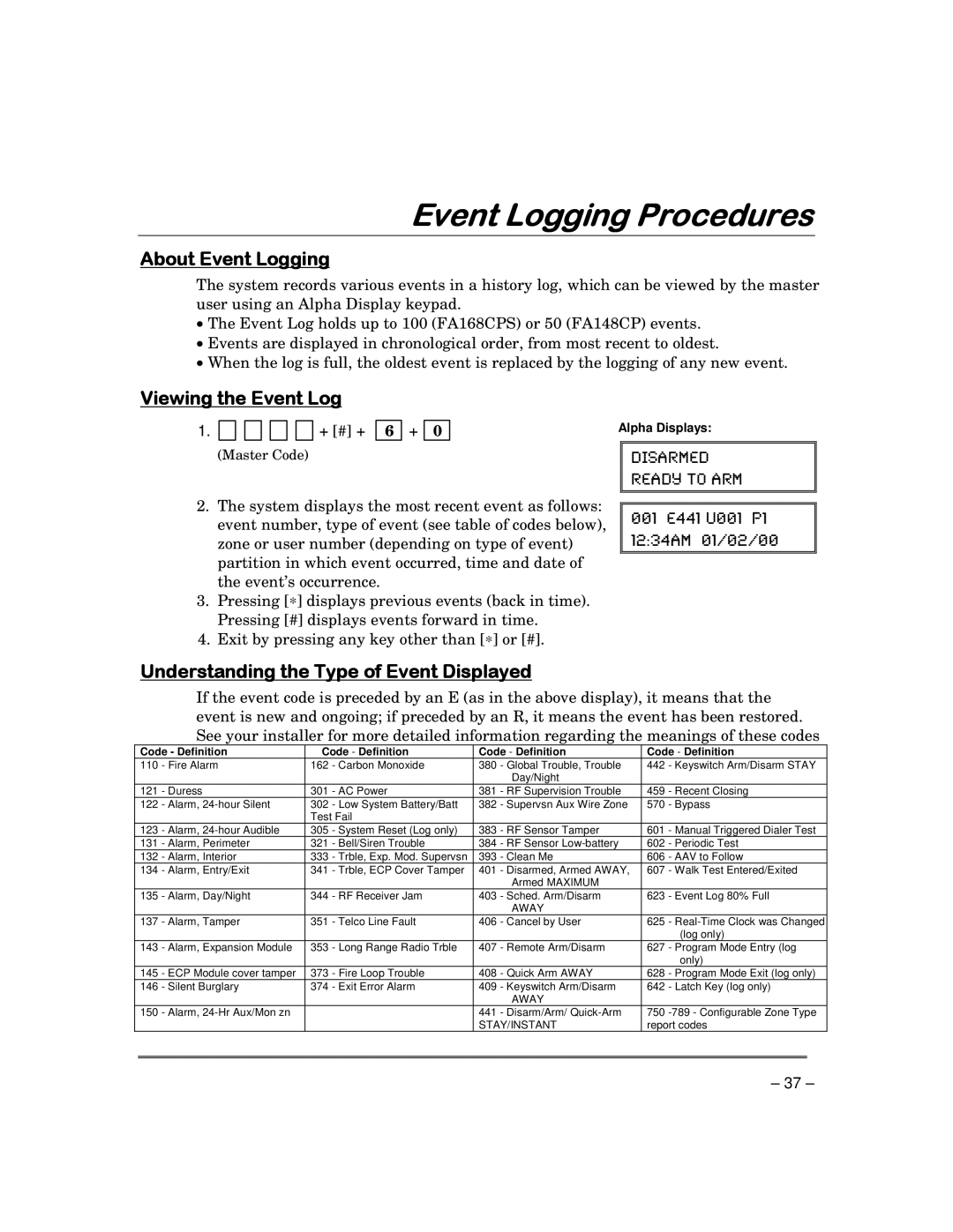 Garmin FA168CPS manual Event Logging Procedures, About Event Logging, Viewing the Event Log 