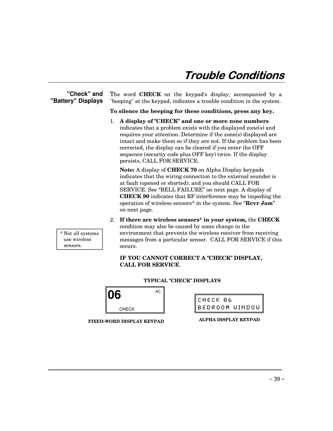 Garmin FA168CPS manual Trouble Conditions, Check and Battery Displays 