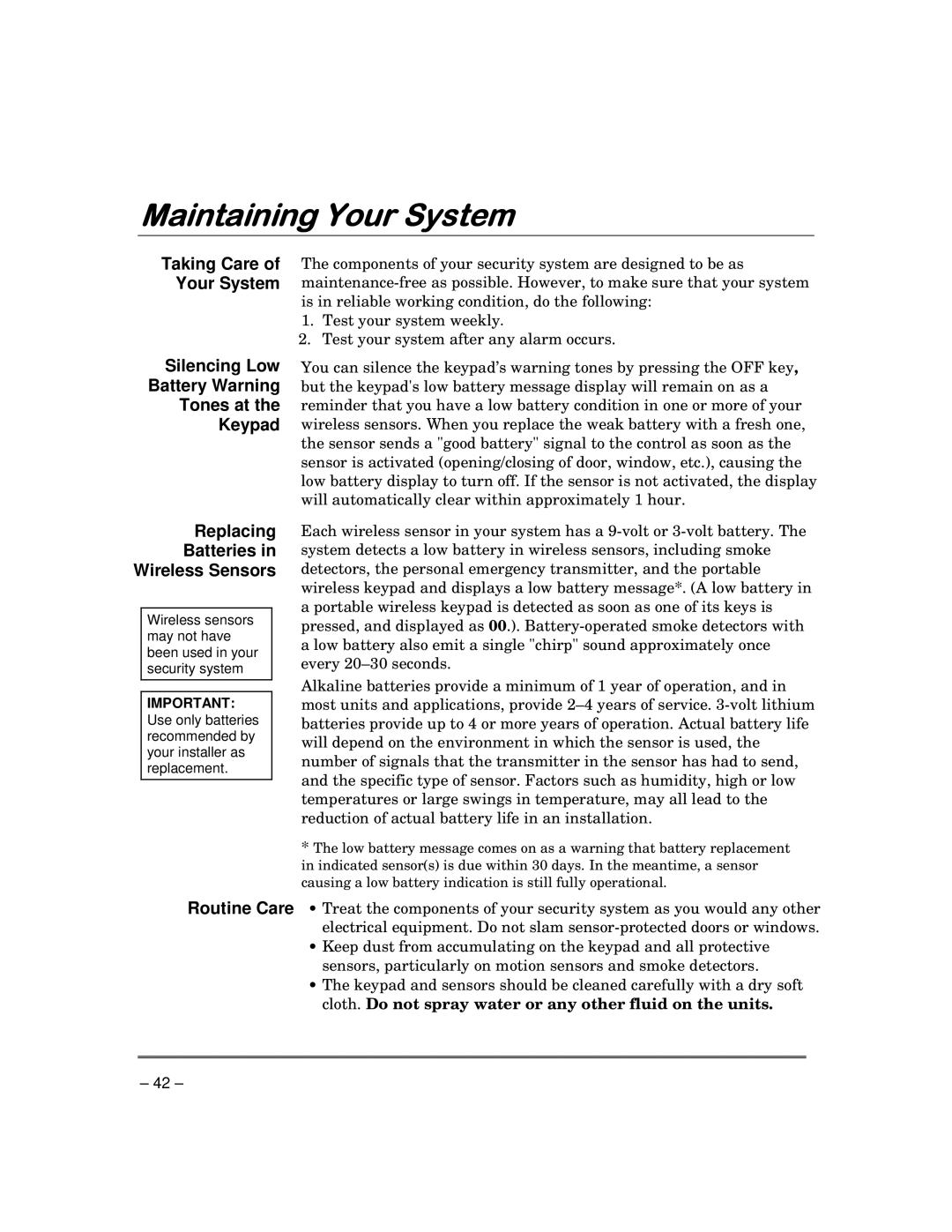 Garmin FA168CPS manual Maintaining Your System, Silencing Low Battery Warning Tones at Keypad 