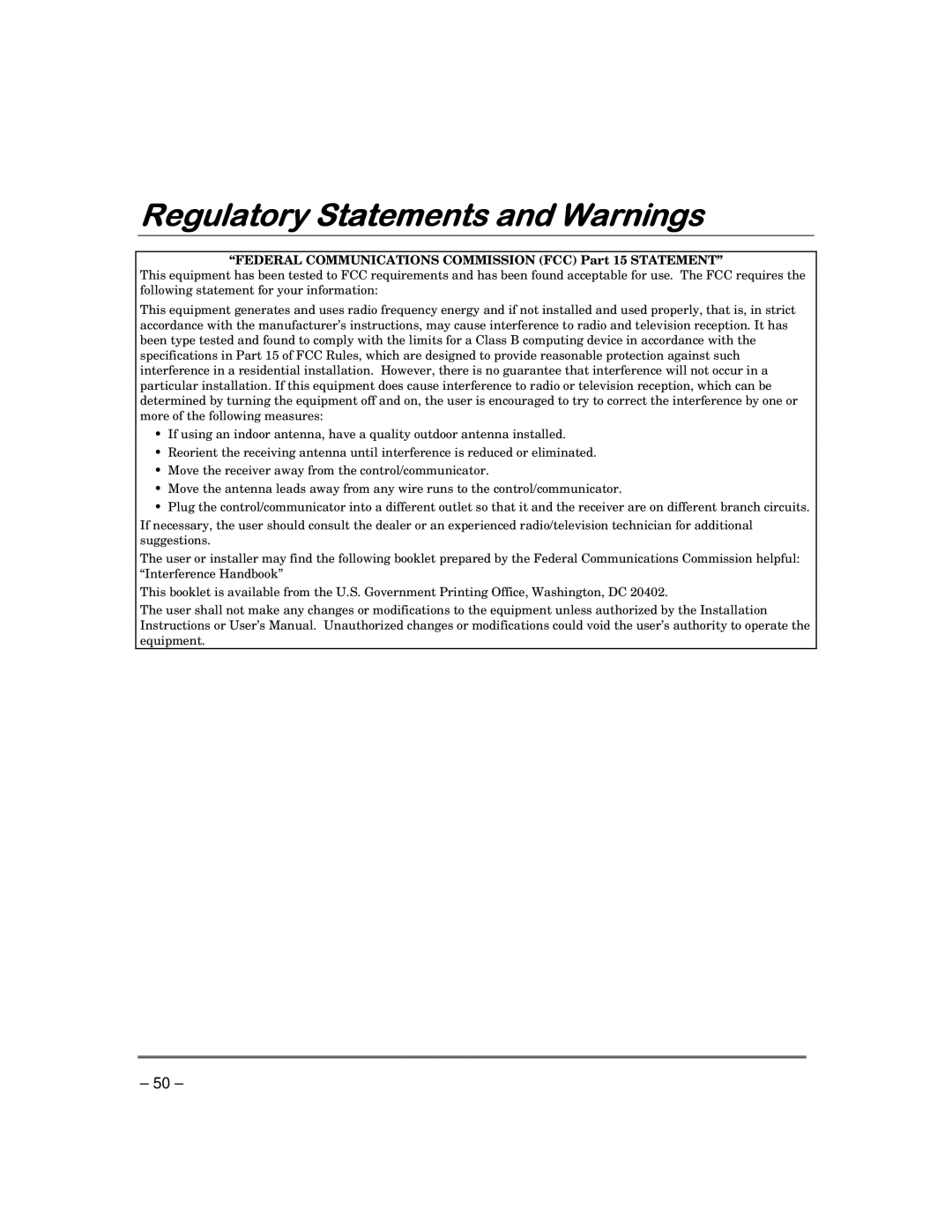 Garmin FA168CPS manual Regulatory Statements and Warnings, Federal Communications Commission FCC Part 15 Statement 