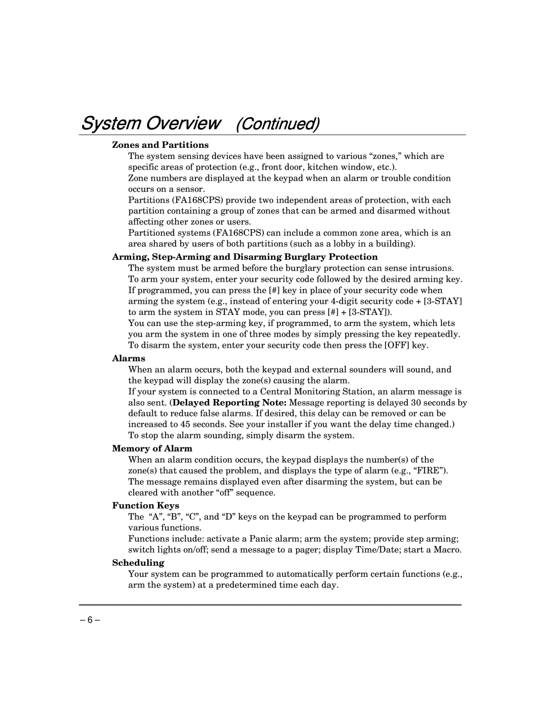 Garmin FA168CPS manual Zones and Partitions, Arming, Step-Arming and Disarming Burglary Protection, Alarms, Memory of Alarm 