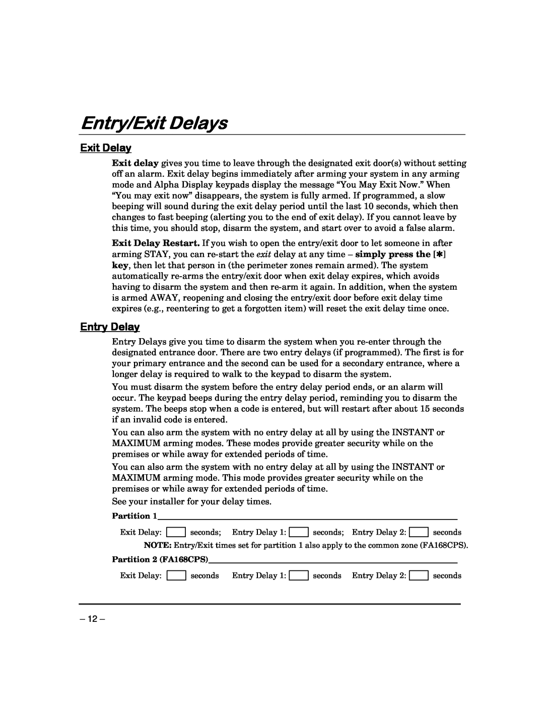Garmin FA168CPS manual Entry/Exit Delays, Entry Delay 
